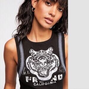 We The Free People Top Size M Mini Moto Tank Tiger Embroidery Cotton Linen Black